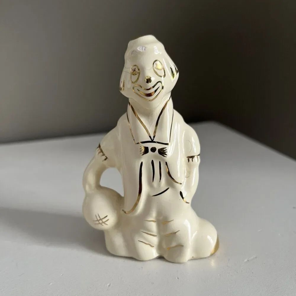 VTG Mid Century Clown Figurine Cream Gold Ceramic 4” Hand Painted